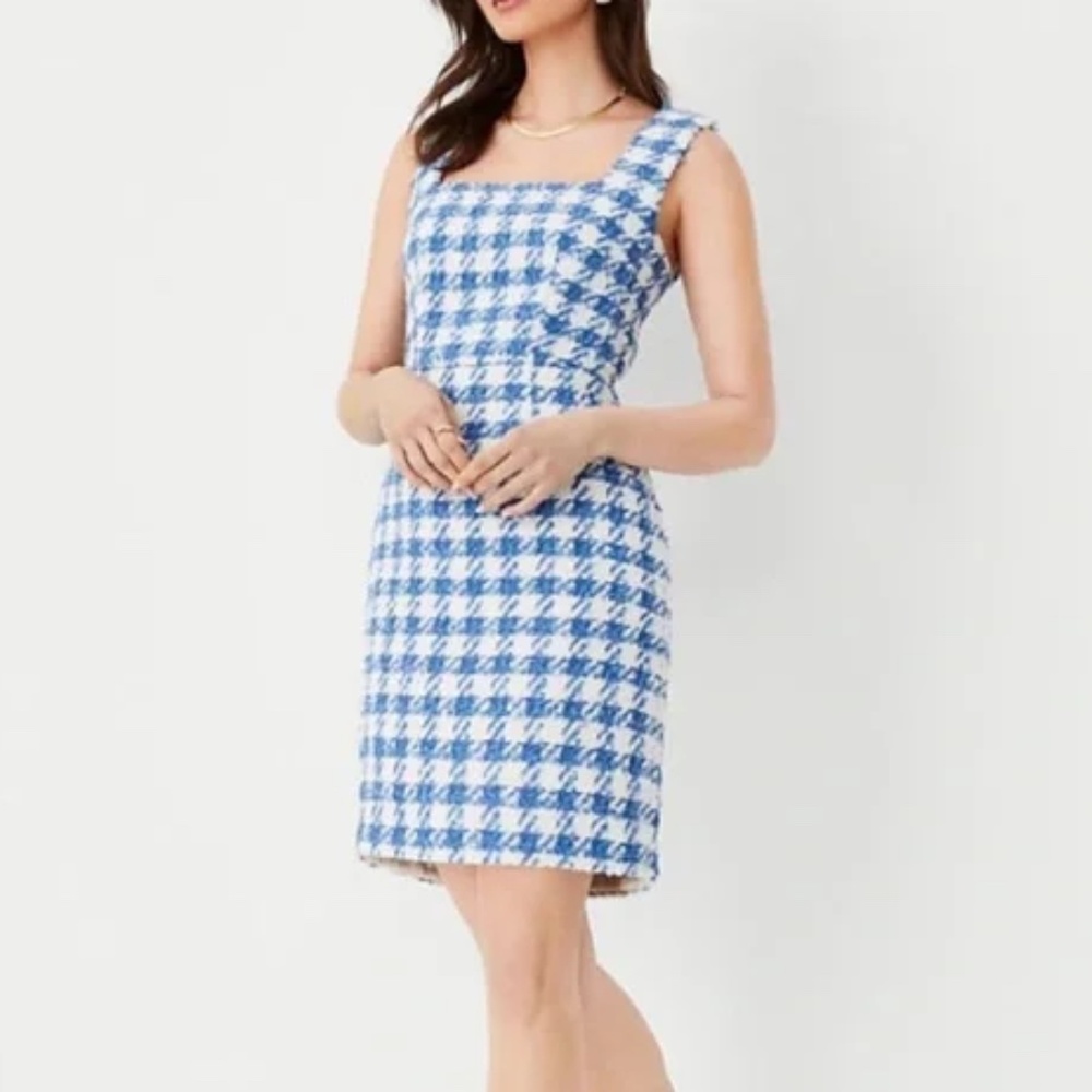 Ann Taylor Blue & White Houndstooth Sleeveless Dress